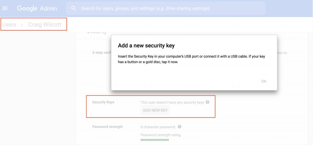 Inscripción de llave de seguridad para usuarios